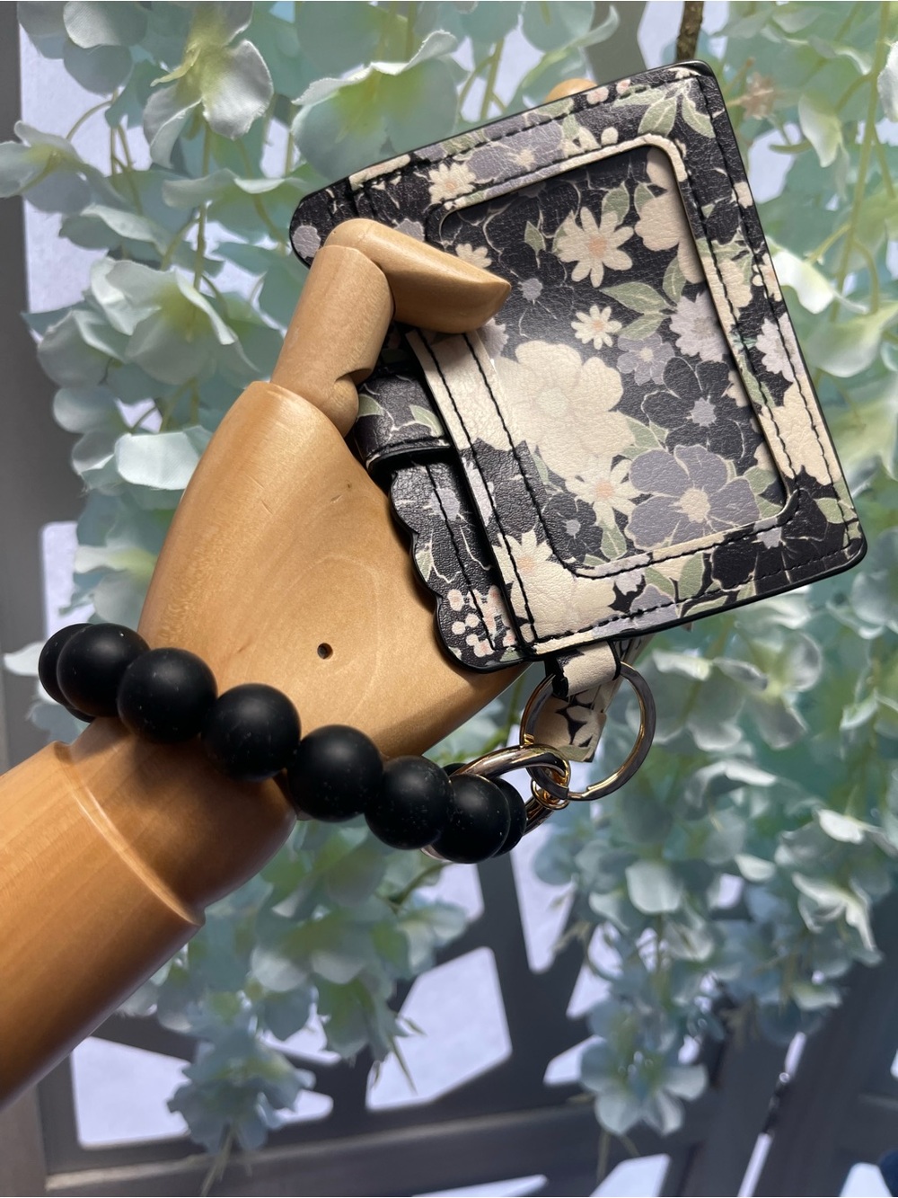Floral Card Holder Keychain - Black Cream Floral